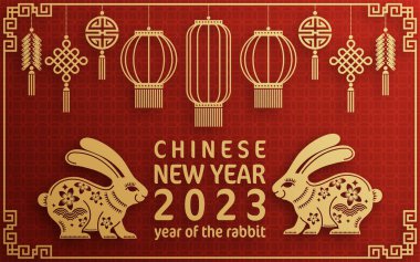 Mutlu Çin Yeni Yılı 2023 tavşan burcunun renkli arka planı. Tercümesi: mutlu yıllar.)