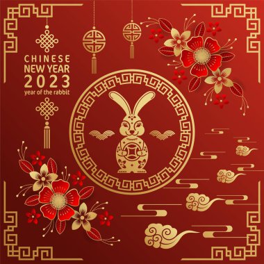 Mutlu Çin Yeni Yılı 2023 tavşan burcunun renkli arka planı. Tercümesi: mutlu yıllar.)
