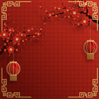 Çince çerçeve arka plan kırmızı ve Asyalı elementlerle altın rengi.