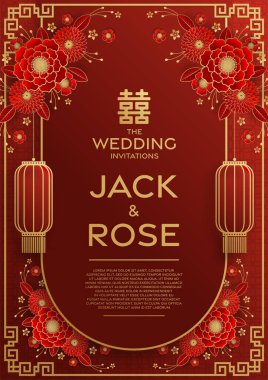 Kırmızı ve altın arka planı olan geleneksel Çin düğün kartı (Çeviri:)