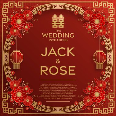 Kırmızı ve altın arka planı olan geleneksel Çin düğün kartı (Çeviri:)