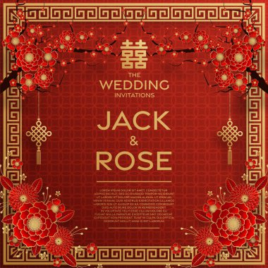 Kırmızı ve altın arka planı olan geleneksel Çin düğün kartı (Çeviri:)