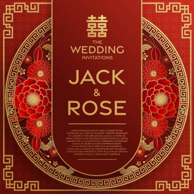 Kırmızı ve altın arka planı olan geleneksel Çin düğün kartı (Çeviri:)