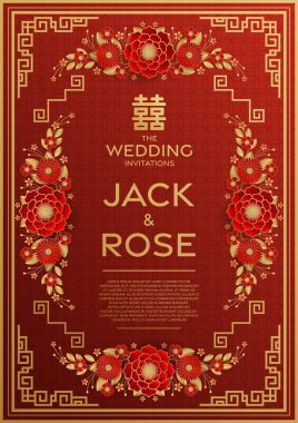 Kırmızı ve altın arka planı olan geleneksel Çin düğün kartı (Çeviri:)