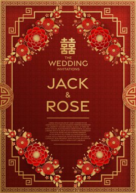 Kırmızı ve altın arka planı olan geleneksel Çin düğün kartı (Çeviri:)