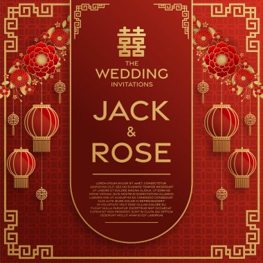 Kırmızı ve altın arka planı olan geleneksel Çin düğün kartı (Çeviri:)