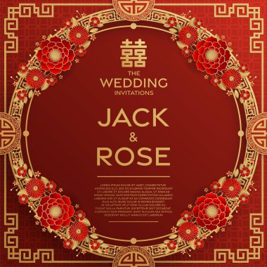 Kırmızı ve altın arka planı olan geleneksel Çin düğün kartı (Çeviri:)