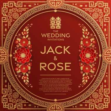 Kırmızı ve altın arka planı olan geleneksel Çin düğün kartı (Çeviri:)