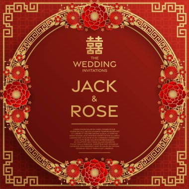 Kırmızı ve altın arka planı olan geleneksel Çin düğün kartı (Çeviri:)