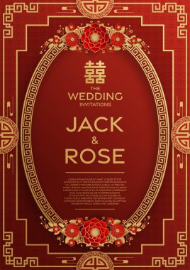 Kırmızı ve altın arka planı olan geleneksel Çin düğün kartı (Çeviri:)