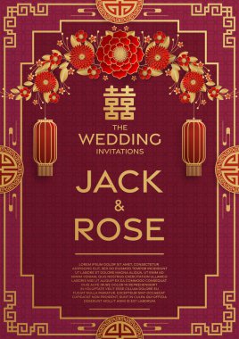 Kırmızı ve altın arka planı olan geleneksel Çin düğün kartı (Çeviri:)