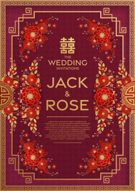 Kırmızı ve altın arka planı olan geleneksel Çin düğün kartı (Çeviri:)