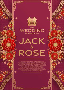Kırmızı ve altın arka planı olan geleneksel Çin düğün kartı (Çeviri:)
