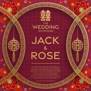 Kırmızı ve altın arka planı olan geleneksel Çin düğün kartı (Çeviri:)