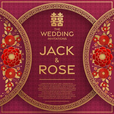 Kırmızı ve altın arka planı olan geleneksel Çin düğün kartı (Çeviri:)