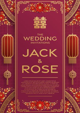 Kırmızı ve altın arka planı olan geleneksel Çin düğün kartı (Çeviri:)