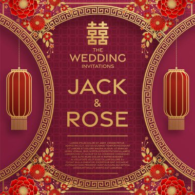 Kırmızı ve altın arka planı olan geleneksel Çin düğün kartı (Çeviri:)