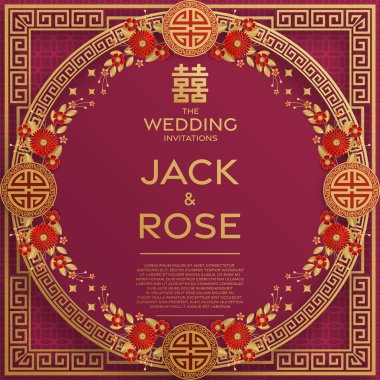 Kırmızı ve altın arka planı olan geleneksel Çin düğün kartı (Çeviri:)