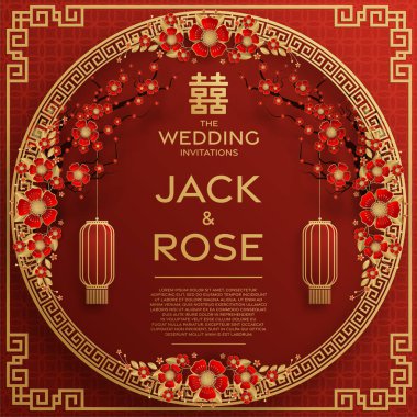 Kırmızı ve altın arka planı olan geleneksel Çin düğün kartı (Çeviri:)