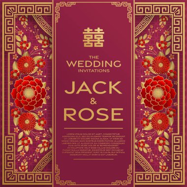 Kırmızı ve altın arka planı olan geleneksel Çin düğün kartı (Çeviri:)