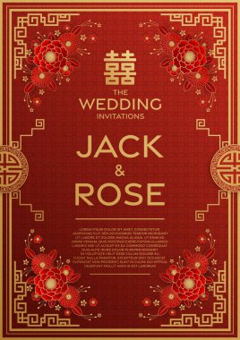 Kırmızı ve altın arka planı olan geleneksel Çin düğün kartı (Çeviri:)