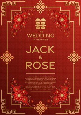 Kırmızı ve altın arka planı olan geleneksel Çin düğün kartı (Çeviri:)