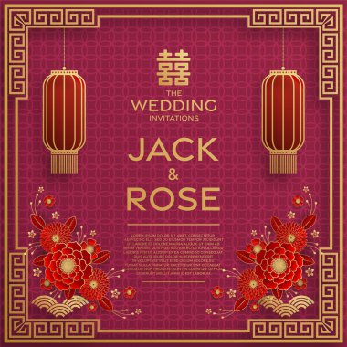 Kırmızı ve altın arka planı olan geleneksel Çin düğün kartı (Çeviri:)