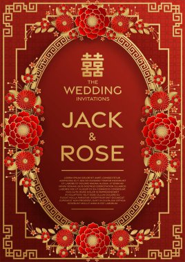 Kırmızı ve altın arka planı olan geleneksel Çin düğün kartı (Çeviri:)