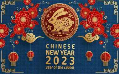 Mutlu Çin Yeni Yılı 2023 tavşan burcunun renkli arka planı. Tercümesi: mutlu yıllar.)