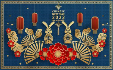 Mutlu Çin Yeni Yılı 2023 tavşan burcunun renkli arka planı. Tercümesi: mutlu yıllar.)