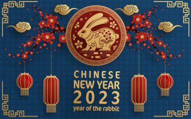 Mutlu Çin Yeni Yılı 2023 tavşan burcunun renkli arka planı. Tercümesi: mutlu yıllar.)