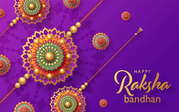 Krásná Zlatá Raksha Bandhan Přání Barevným Pozadím — Stockový vektor