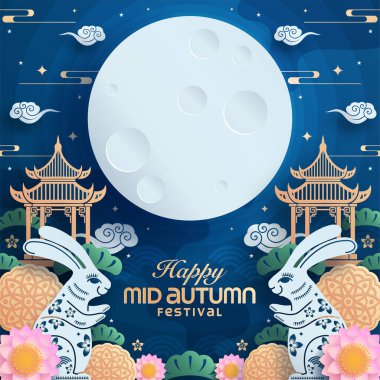 Sonbahar ortası kağıt sanat tarzı dolunay, ay pastası, Çin feneri ve arka planda tavşanlar..