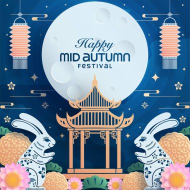 Sonbahar ortası festival kağıt sanat tarzı dolunay ve arka planda tavşanlar.