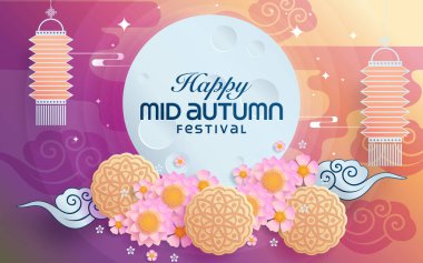 Sonbahar ortası kağıt sanat tarzı dolunay, ay pastası, Çin feneri ve arka planda tavşanlar..