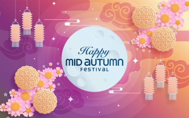 Sonbahar ortası kağıt sanat tarzı dolunay, ay pastası, Çin feneri ve arka planda tavşanlar..