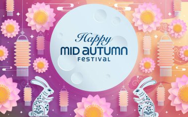 Sonbahar ortası kağıt sanat tarzı dolunay, ay pastası, Çin feneri ve arka planda tavşanlar.