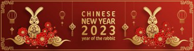 Mutlu Çin Yeni Yılı 2023 Tavşan Zodyak 'ı Renkli Arka plan.