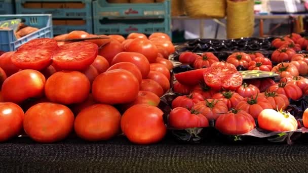 スペインのマヨルカ州アルシアの野外市場でトマト — ストック動画