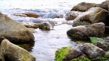 Okyanus dalgaları sahildeki taşlara çarpıyor.