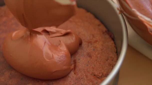 Making Chocolate Mousse Cake Pouring Smooth Chocolate Mousse Cake Pan — Stockvideo