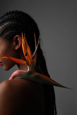 Kapalı alanda poz veren egzotik çiçekli Afrikalı genç bir kadının arka plan görüntüsü.. 