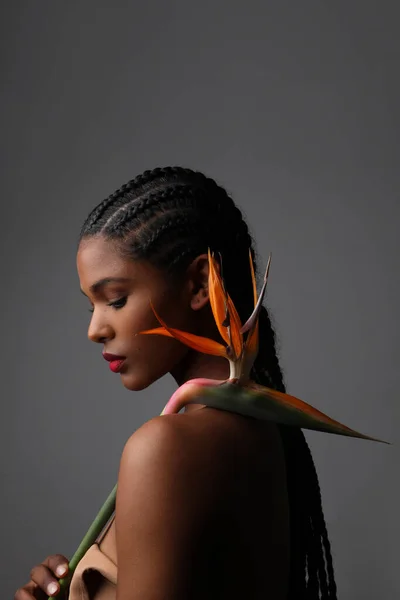 Portrait vertical de jeune femme africaine avec fleur de paradis posant à l'intérieur. — Photo