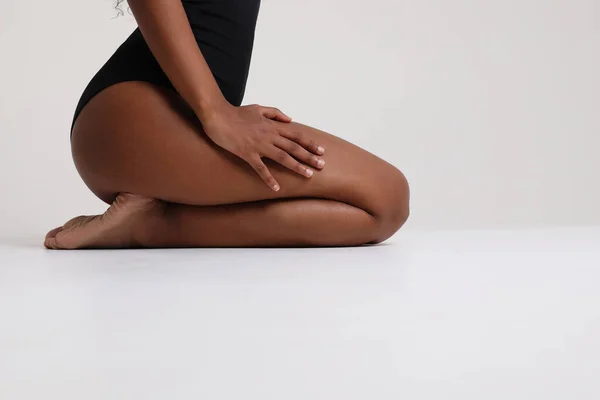 Body positive concept. Cropped photo of woman body part. Healthy legs. Mock-up. — Stock Fotó