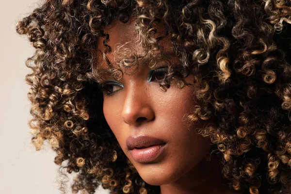 Afro saçlı, kapalı alanda poz veren Afro-Amerikalı genç bir kadının dikey portresi. Yüksek kalite fotoğraf.