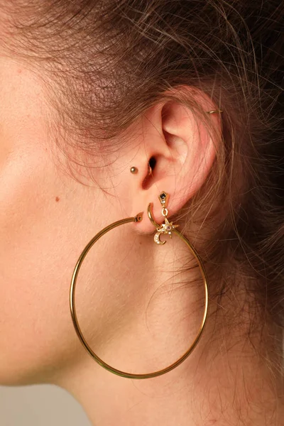 Close Detail Head Female Human Ear Hair Vertical Mock High —  Fotos de Stock