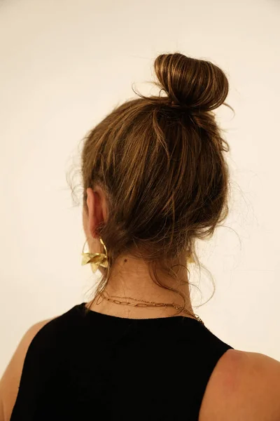 Close Young Woman Hair Arranged Chignon Rear View Mock High —  Fotos de Stock
