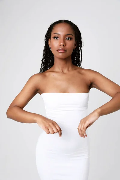 Vertical Portrait African American Young Woman Poses Indoor Beauty Concept — Stock Fotó