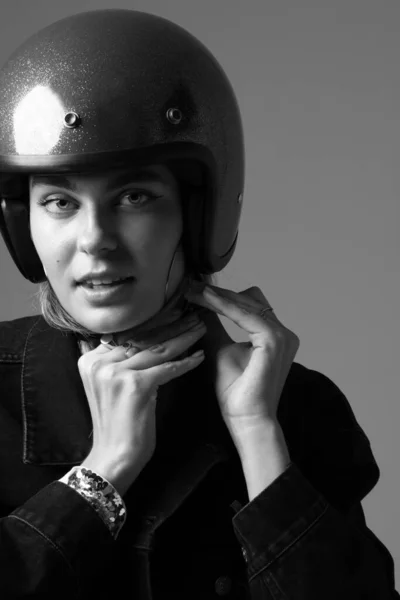 Close Portrait Young Woman Wearing Motor Helmet Poses Indoor Mock — Stok Foto