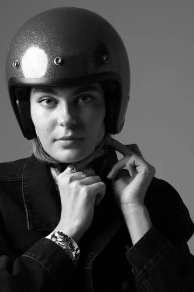 Close Portrait Young Woman Wearing Motor Helmet Poses Indoor Mock — Stock Fotó